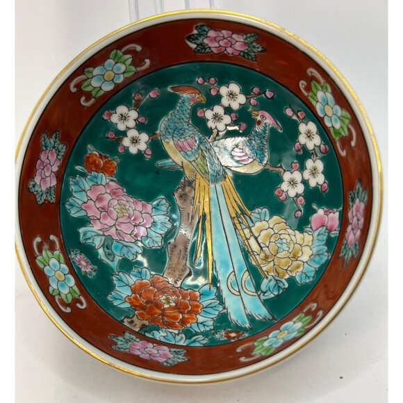 Vtg Imari Ware Gold Trim Hand Painted Bowl Peacocks, Flowers - Picture 5 of 7